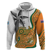 Custom Fiji And Australia Rugby Zip Hoodie Fijian Palm Tree Mix Aussie Kangaroo LT14 Pullover Hoodie Gold - Polynesian Pride