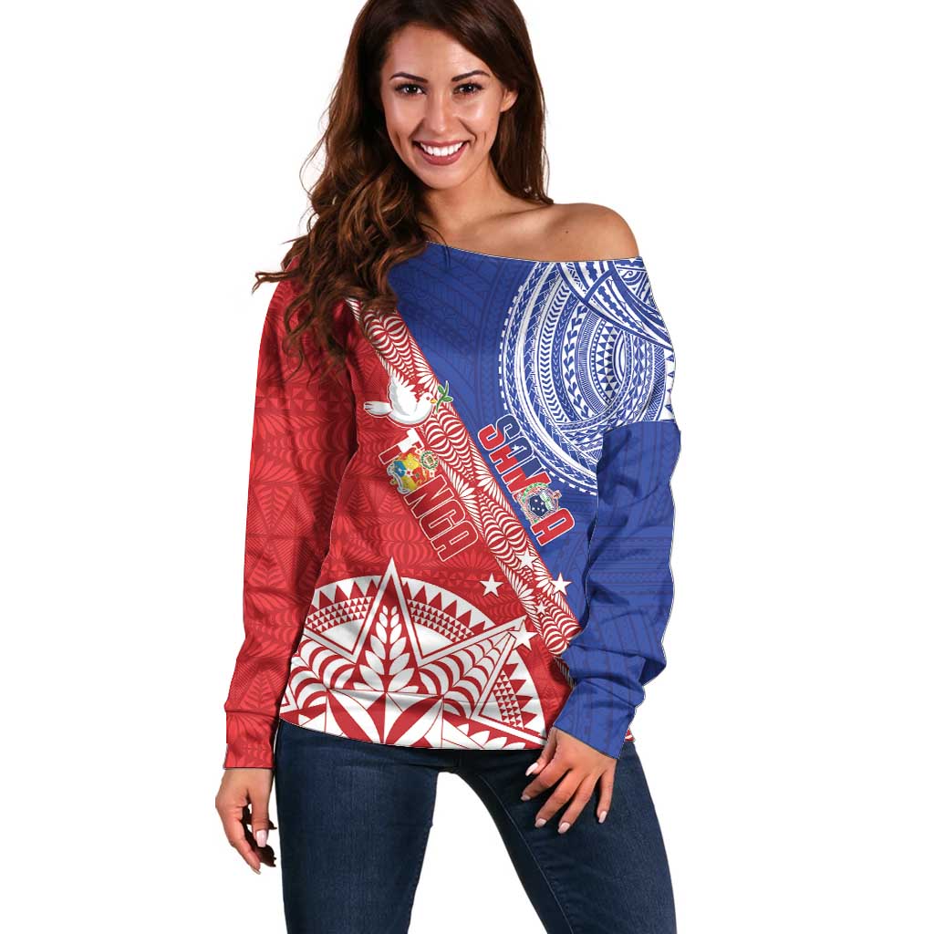 Tonga and Samoa Rugby Custom Off Shoulder Sweater Ikale Tahi Manu Samoa Together LT14 Women Red - Polynesian Pride