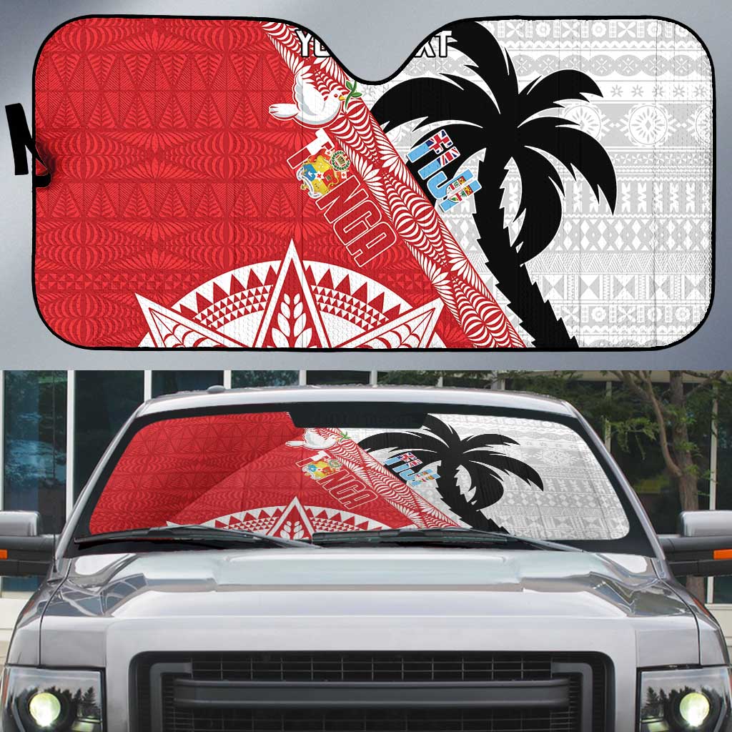 Fiji and Tonga Rugby Custom Auto Sun Shade Flying Fijians Ikale Tahi Together Pacific LT14 Red - Polynesian Pride