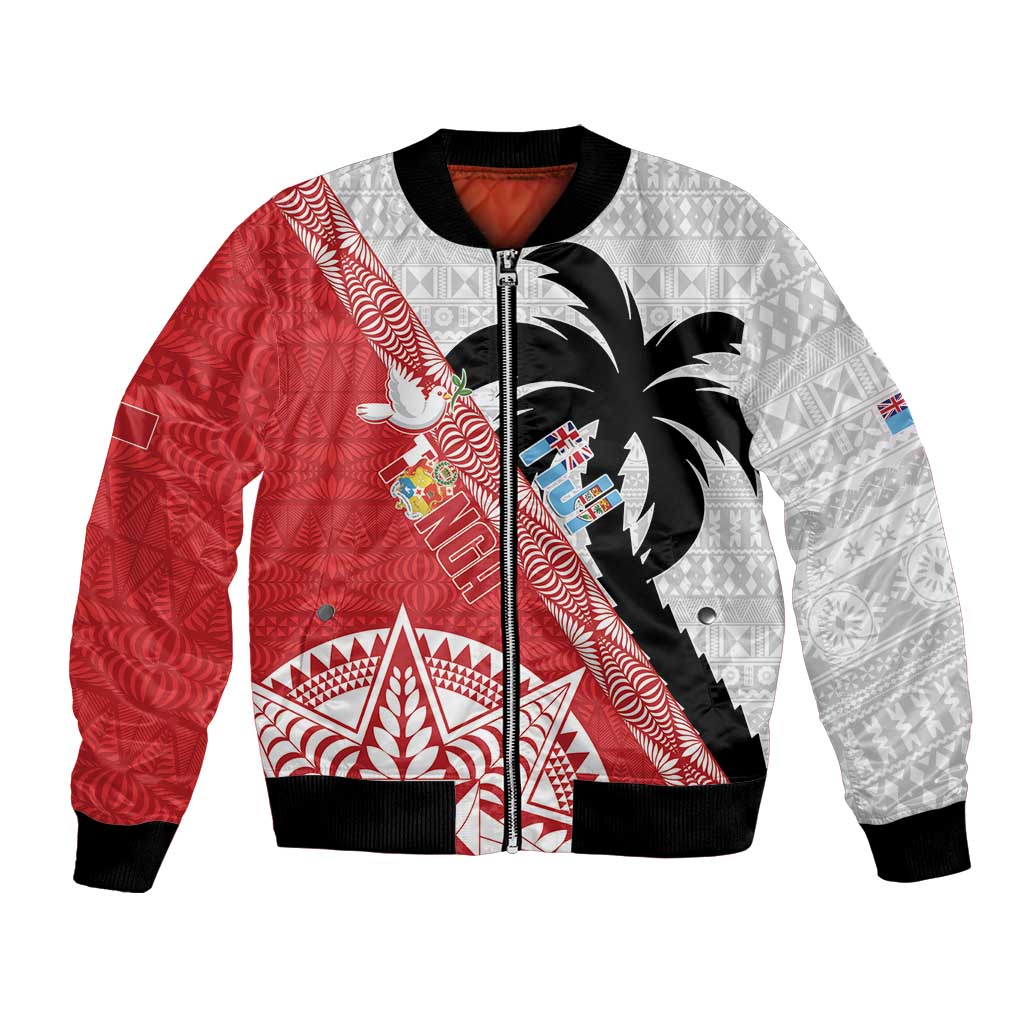Fiji and Tonga Rugby Custom Bomber Jacket Flying Fijians Ikale Tahi Together Pacific LT14 Unisex Red - Polynesian Pride