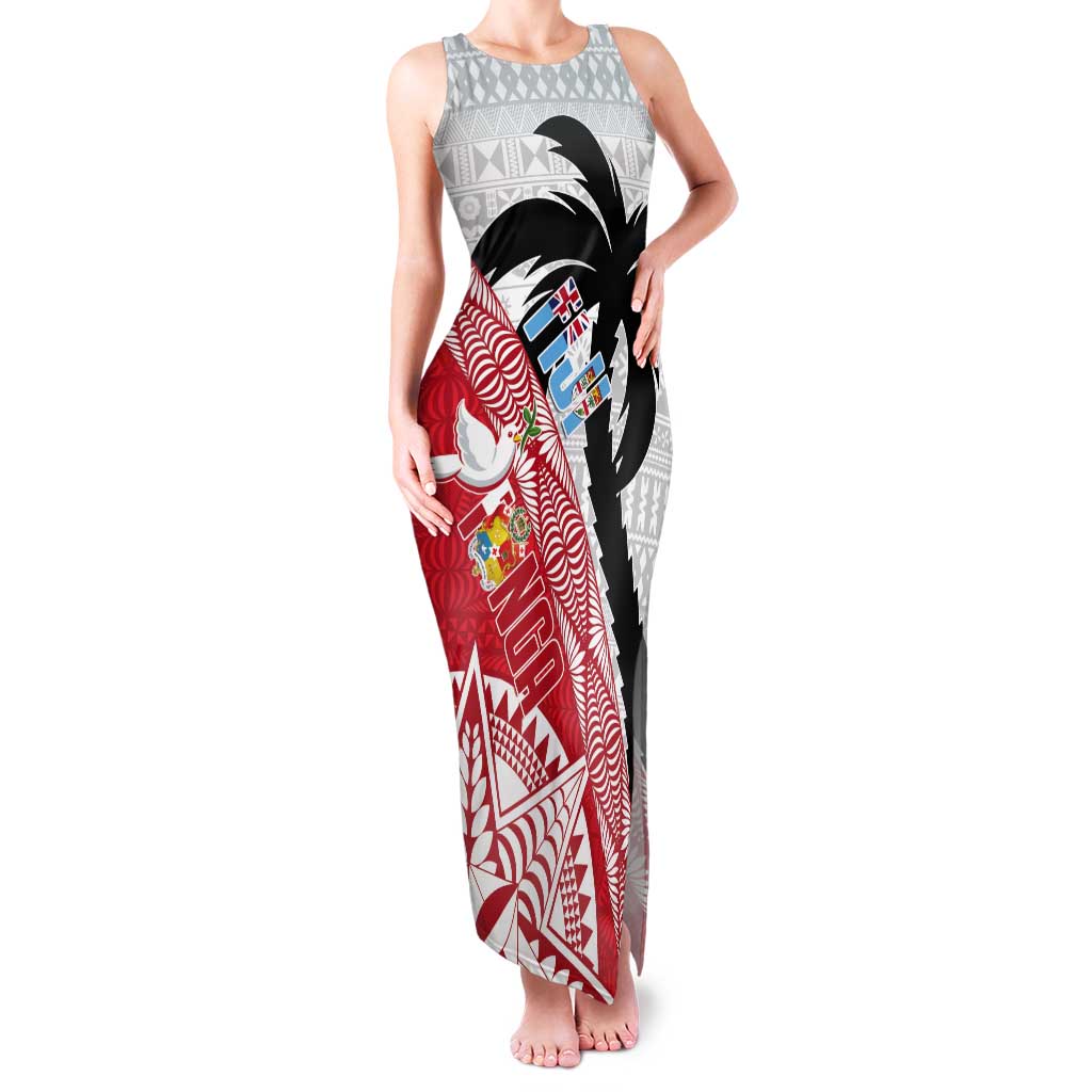 Fiji and Tonga Rugby Custom Tank Maxi Dress Flying Fijians Ikale Tahi Together Pacific LT14 Women Red - Polynesian Pride
