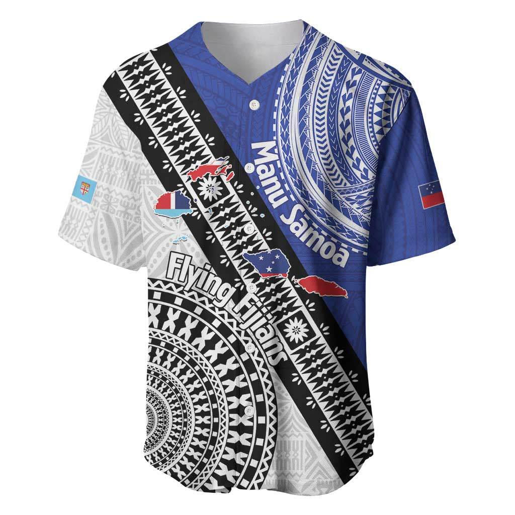 Fiji an Samoa Rugby Custom Baseball Jersey Flying Fijians Manu Samoa Together Pacific LT14 Blue - Polynesian Pride