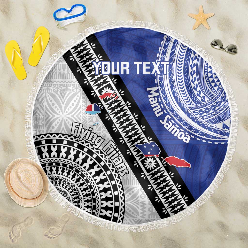 Fiji an Samoa Rugby Custom Beach Blanket Flying Fijians Manu Samoa Together Pacific LT14 One Size 150cm Blue - Polynesian Pride