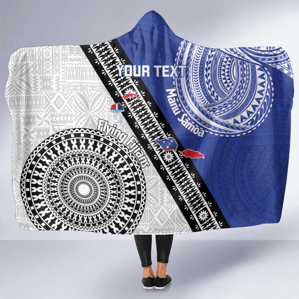 Fiji an Samoa Rugby Custom Hooded Blanket Flying Fijians Manu Samoa Together Pacific LT14 One Size Blue - Polynesian Pride