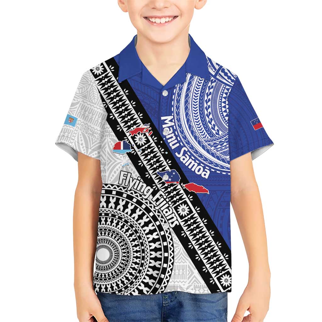 Fiji an Samoa Rugby Custom Kid Hawaiian Shirt Flying Fijians Manu Samoa Together Pacific LT14 Kid Blue - Polynesian Pride