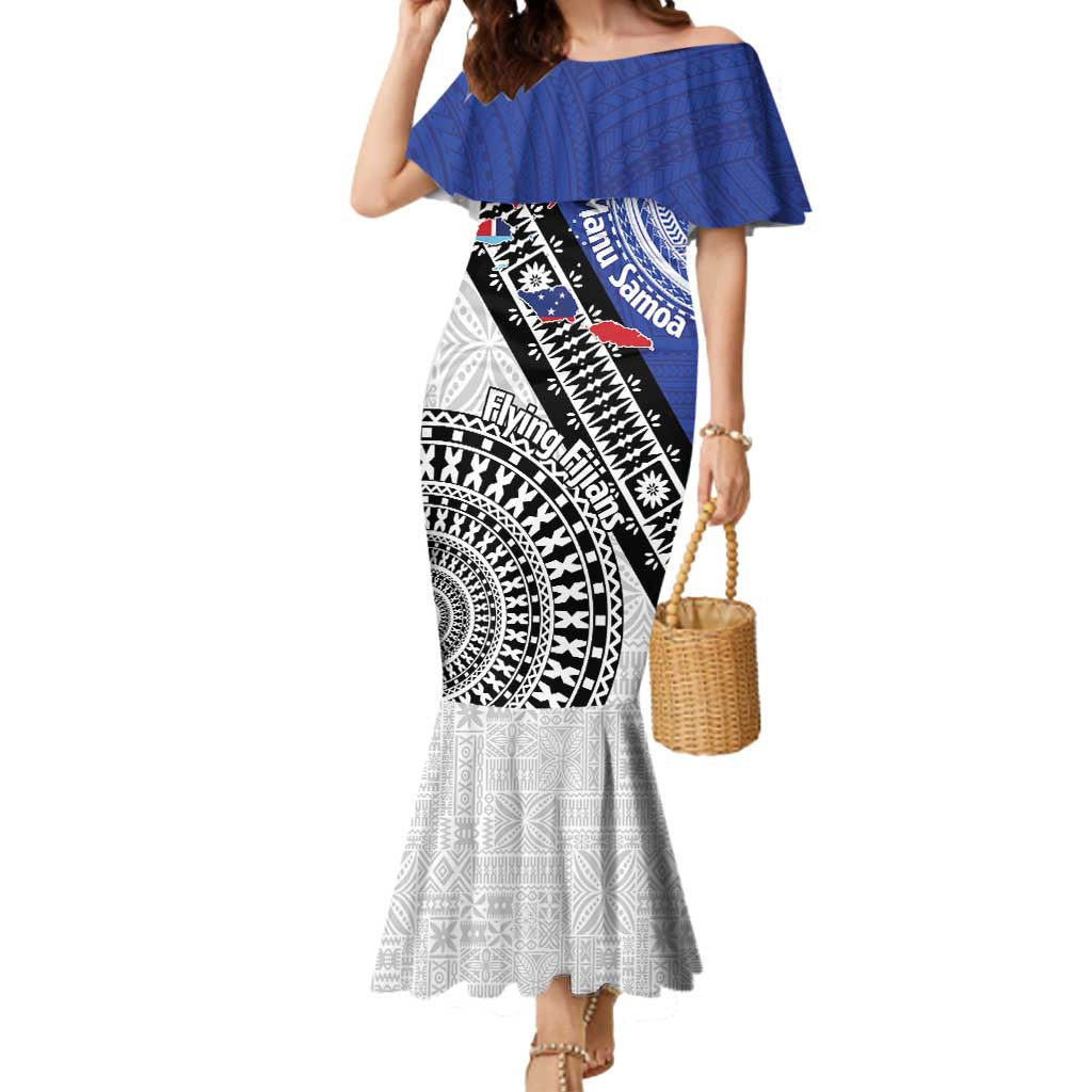 Fiji an Samoa Rugby Custom Mermaid Dress Flying Fijians Manu Samoa Together Pacific LT14 Women Blue - Polynesian Pride