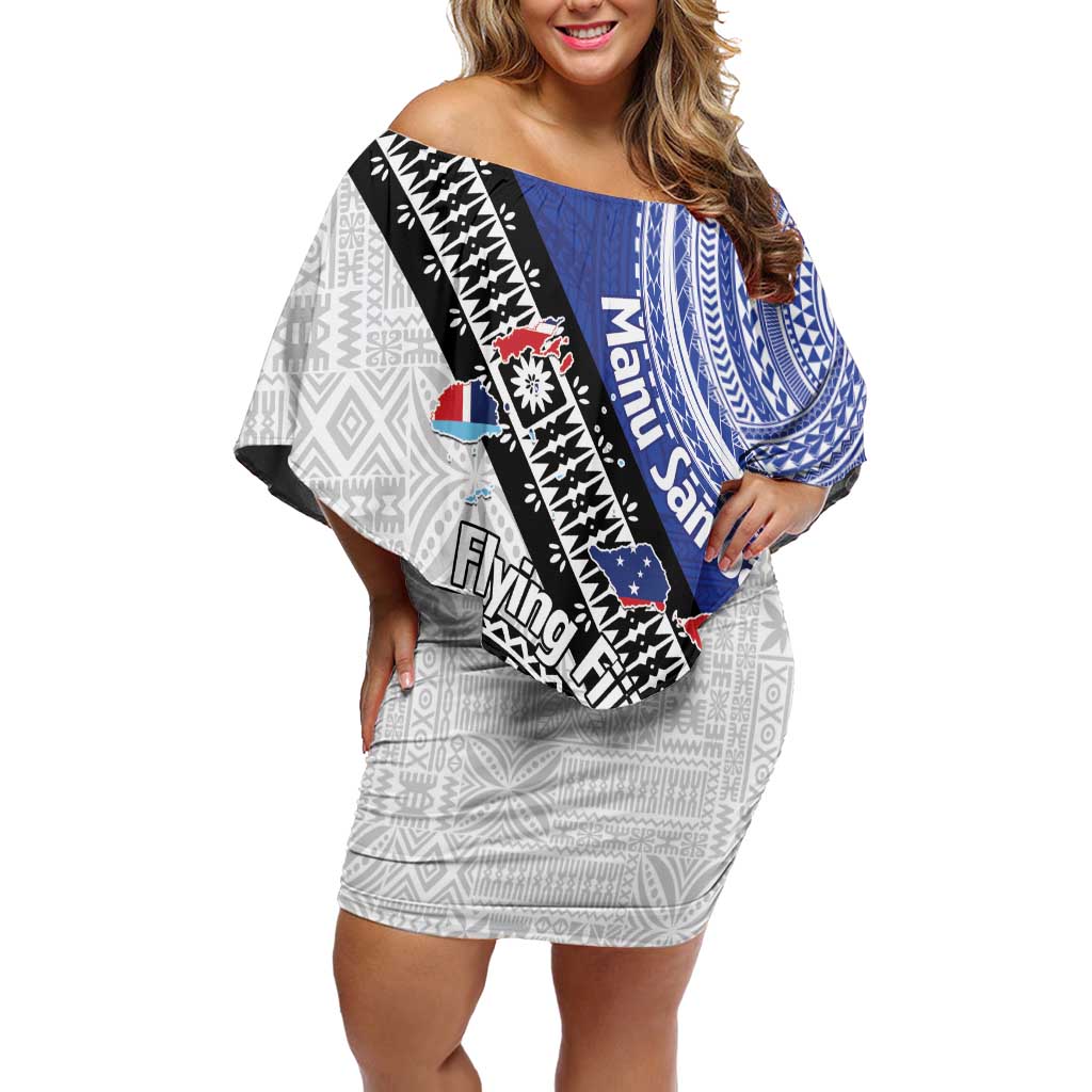 Fiji an Samoa Rugby Custom Off Shoulder Short Dress Flying Fijians Manu Samoa Together Pacific LT14 Women Blue - Polynesian Pride