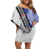 Fiji an Samoa Rugby Custom Off Shoulder Short Dress Flying Fijians Manu Samoa Together Pacific LT14 Women Blue - Polynesian Pride