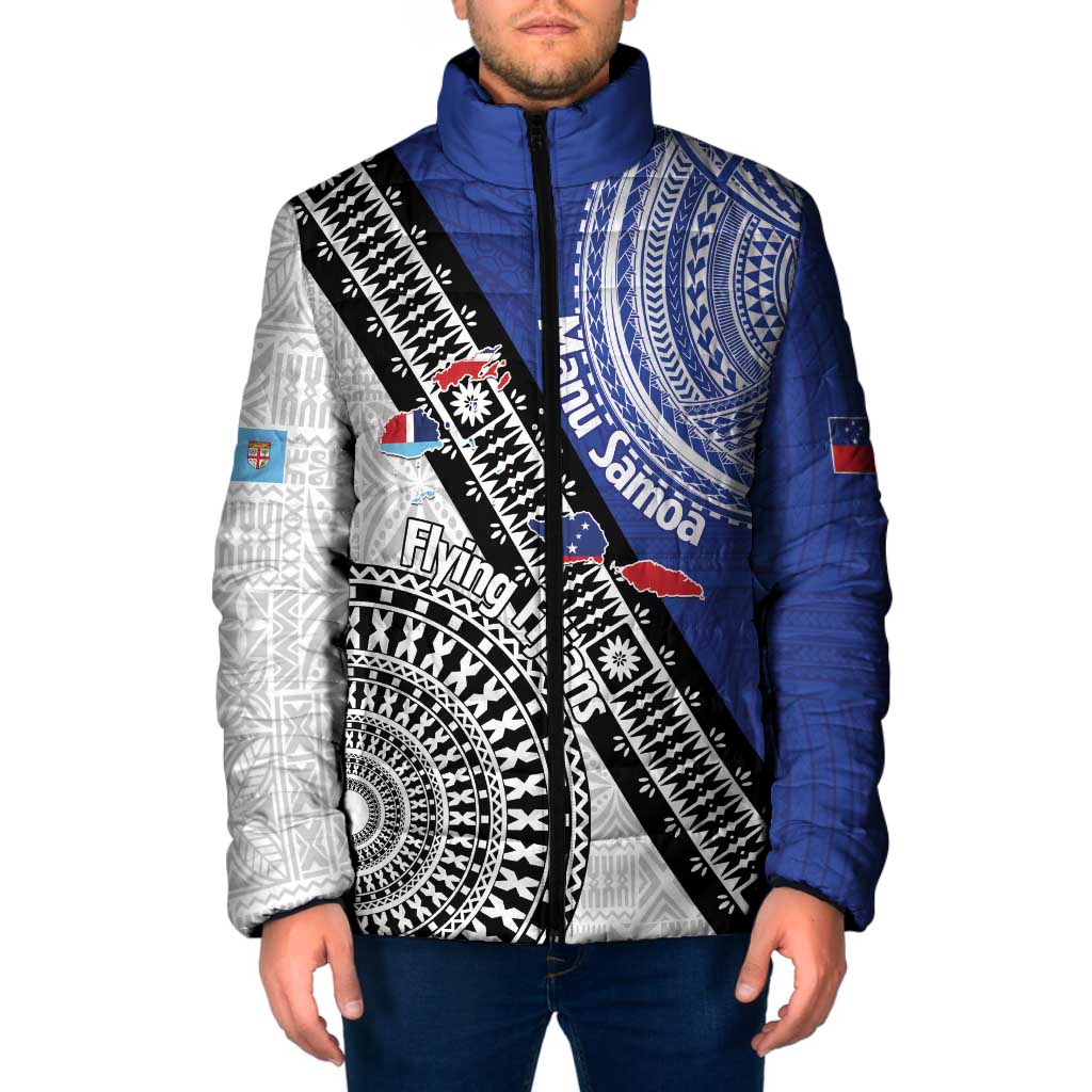 Fiji an Samoa Rugby Custom Padded Jacket Flying Fijians Manu Samoa Together Pacific LT14 Men Blue - Polynesian Pride
