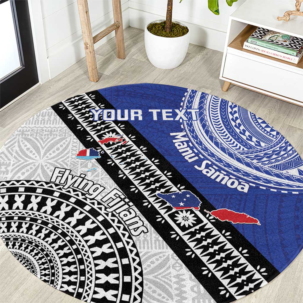 Fiji an Samoa Rugby Custom Round Carpet Flying Fijians Manu Samoa Together Pacific LT14 Blue - Polynesian Pride