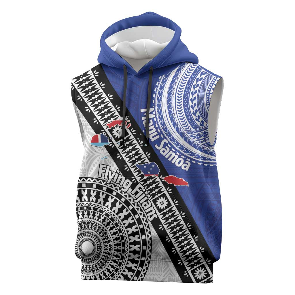 Fiji an Samoa Rugby Custom Sleeveless Hoodie Flying Fijians Manu Samoa Together Pacific LT14 Blue - Polynesian Pride