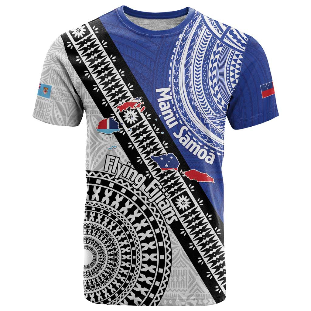 Fiji an Samoa Rugby Custom T Shirt Flying Fijians Manu Samoa Together Pacific LT14 Blue - Polynesian Pride