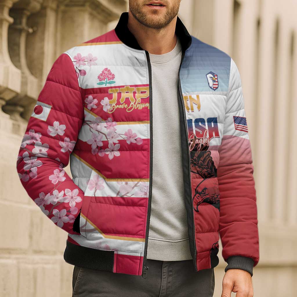 USA and Japan Rugby Custom Bomber Puffer Jacket Eagles Brave Blossoms Together Pacific LT14 - Polynesian Pride