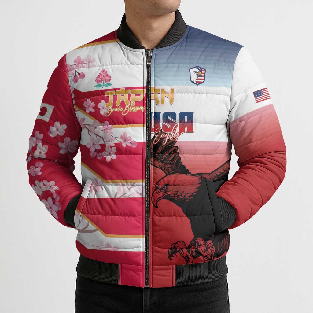 USA and Japan Rugby Custom Bomber Puffer Jacket Eagles Brave Blossoms Together Pacific LT14 - Polynesian Pride