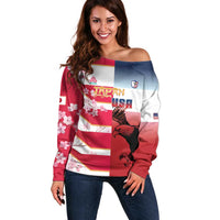 USA and Japan Rugby Custom Off Shoulder Sweater Eagles Brave Blossoms Together Pacific LT14 Women Red - Polynesian Pride