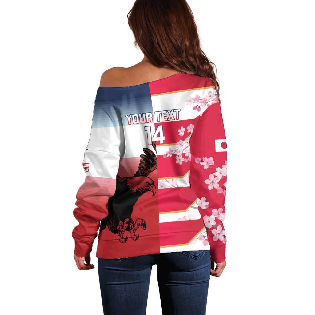 USA and Japan Rugby Custom Off Shoulder Sweater Eagles Brave Blossoms Together Pacific LT14 - Polynesian Pride
