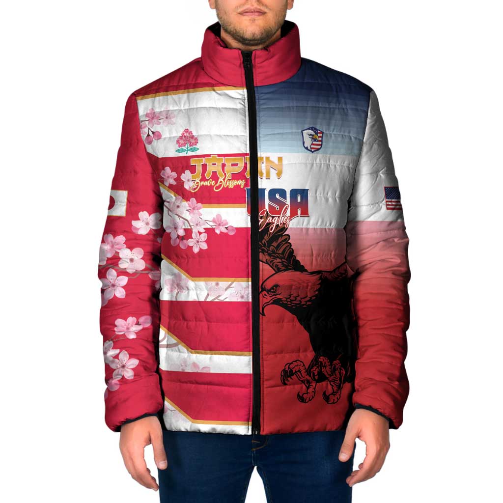 USA and Japan Rugby Custom Padded Jacket Eagles Brave Blossoms Together Pacific LT14 Men Red - Polynesian Pride