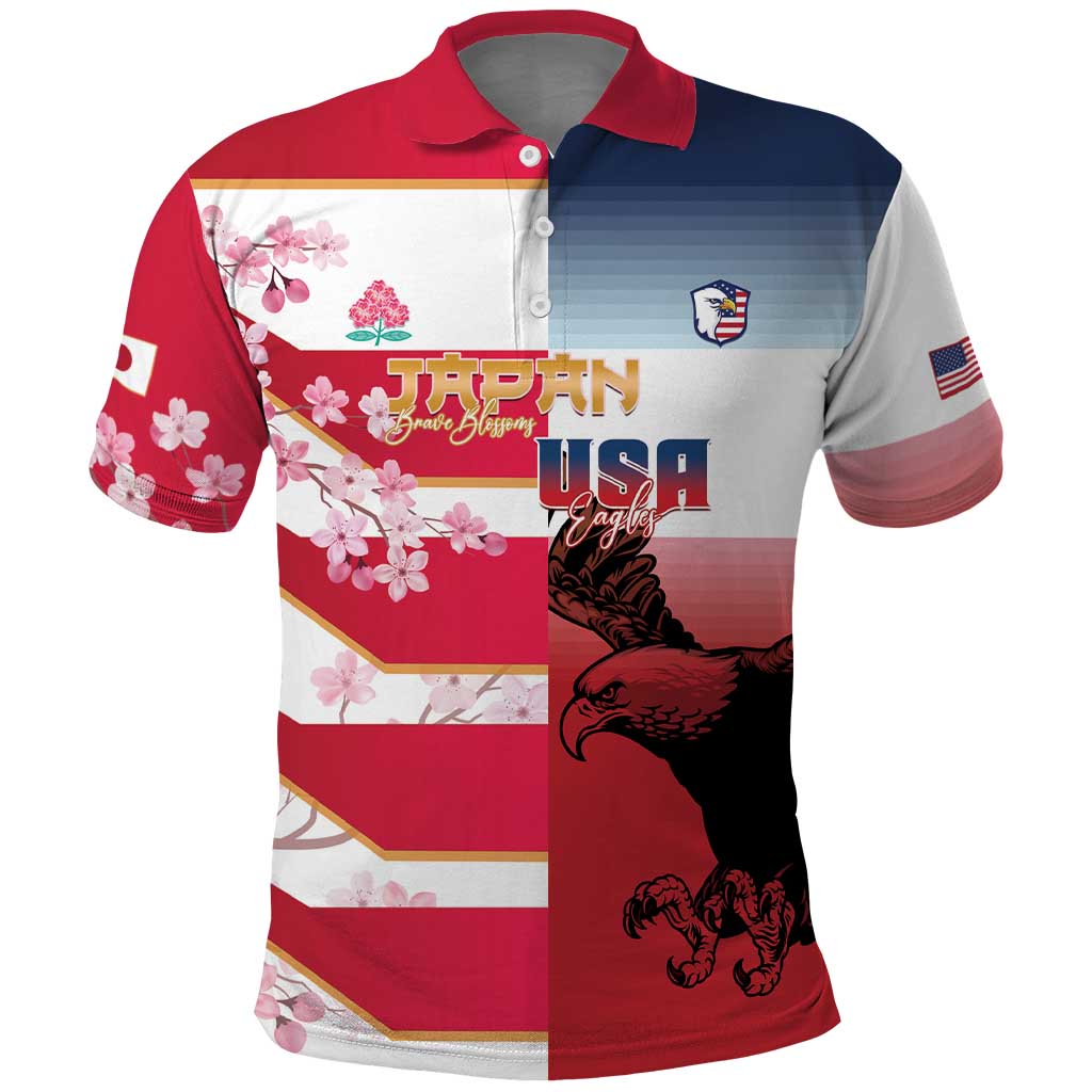 USA and Japan Rugby Custom Polo Shirt Eagles Brave Blossoms Together Pacific LT14 Red - Polynesian Pride