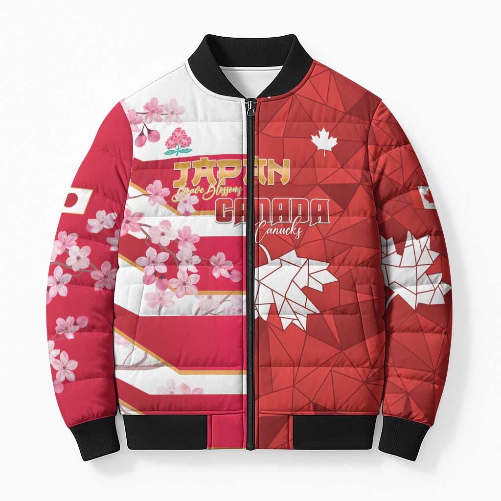 Canada and Japan Rugby Custom Bomber Puffer Jacket Canucks Brave Blossoms Together Pacific LT14 Unisex Red - Polynesian Pride