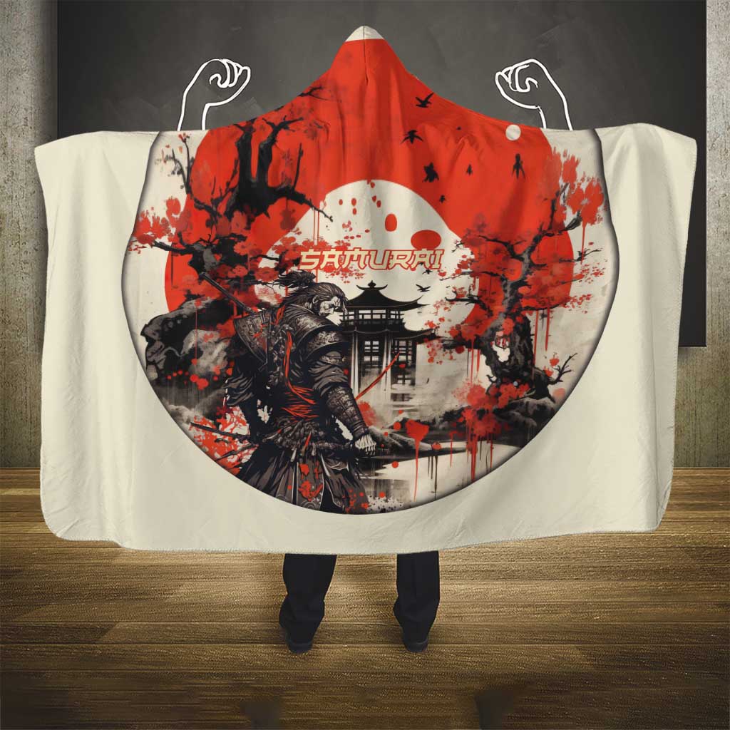 Samurai Warrior Japan Hooded Blanket Red-blossomed Tree Classic Japanese Stylized LT14 - Polynesian Pride