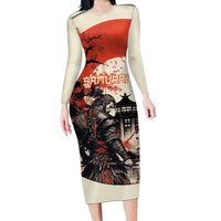 Samurai Warrior Japan Long Sleeve Bodycon Dress Red-blossomed Tree Classic Japanese Stylized LT14 Long Dress Red - Polynesian Pride