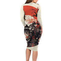 Samurai Warrior Japan Long Sleeve Bodycon Dress Red-blossomed Tree Classic Japanese Stylized LT14 - Polynesian Pride