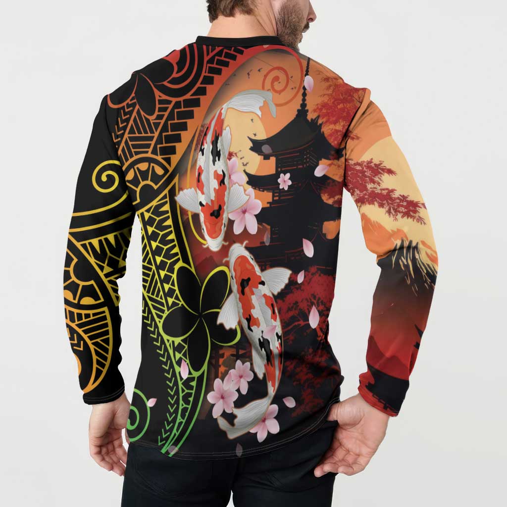 Hawaiian and Japanese Button Sweatshirt Koi Fish With Kanaka Polynesian Tattoo LT14 - Polynesian Pride