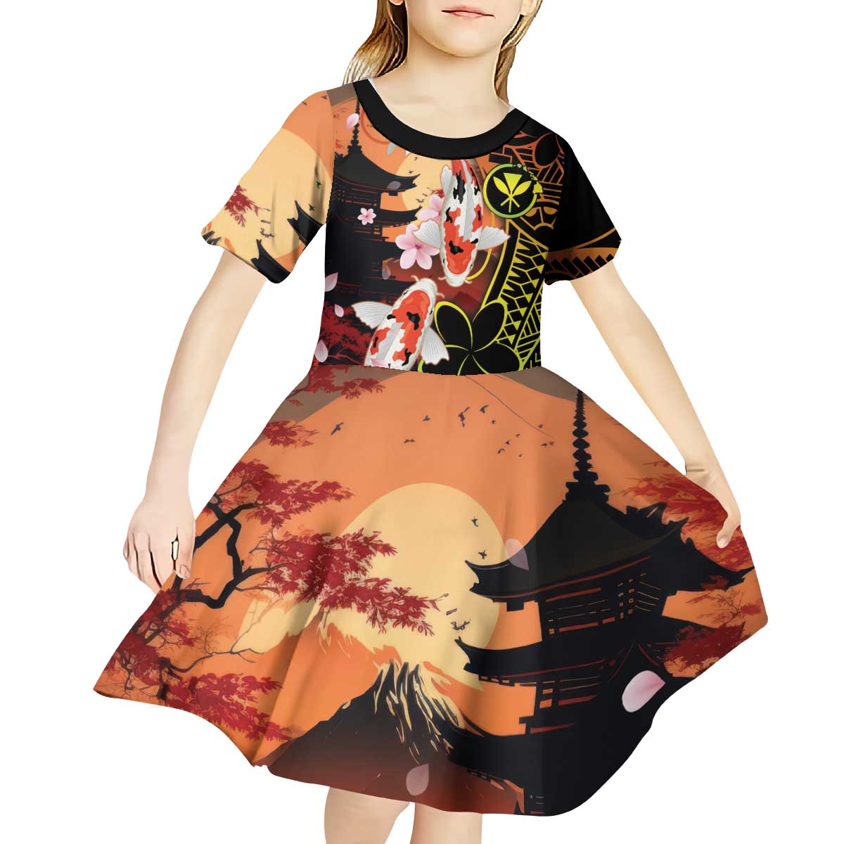 Hawaiian and Japanese Kid Short Sleeve Dress Koi Fish With Kanaka Polynesian Tattoo LT14 - Polynesian Pride