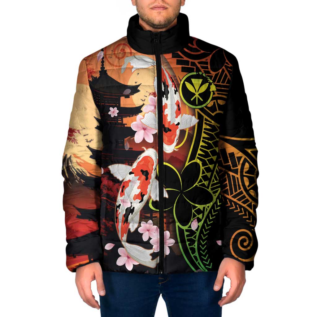 Hawaiian and Japanese Padded Jacket Koi Fish With Kanaka Polynesian Tattoo LT14 Men Black - Polynesian Pride