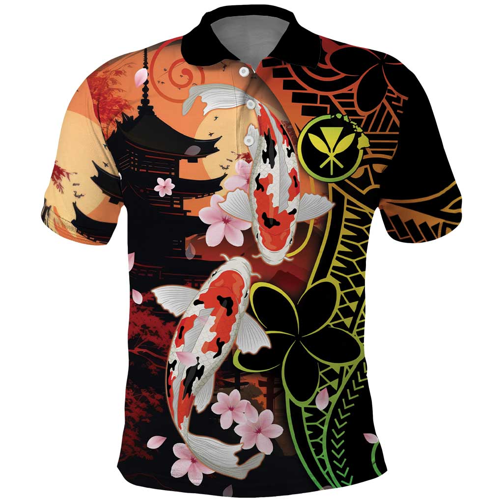 Hawaiian and Japanese Polo Shirt Koi Fish With Kanaka Polynesian Tattoo LT14 Black - Polynesian Pride