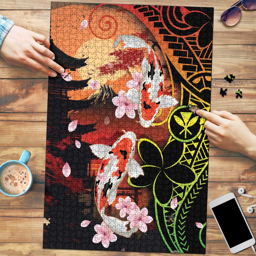 Hawaiian and Japanese Puzzle Koi Fish With Kanaka Polynesian Tattoo LT14 Black - Polynesian Pride