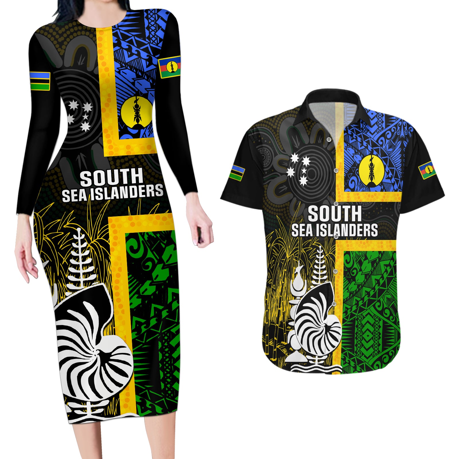 Personalised South Sea Islanders Couples Matching Long Sleeve Bodycon Dress and Hawaiian Shirt Kanakas With New Caledonia Coat Of Arms LT14 Black - Polynesian Pride