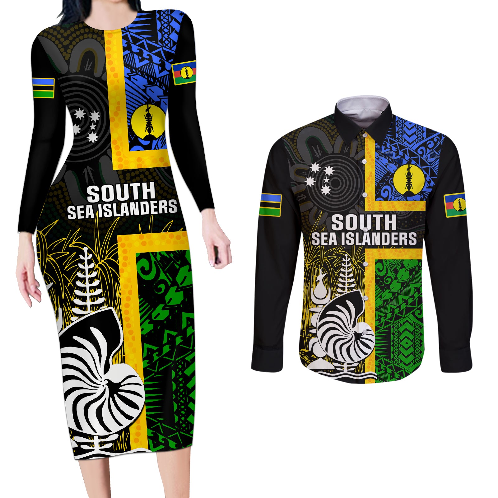 Personalised South Sea Islanders Couples Matching Long Sleeve Bodycon Dress and Long Sleeve Button Shirts Kanakas With New Caledonia Coat Of Arms LT14 Black - Polynesian Pride