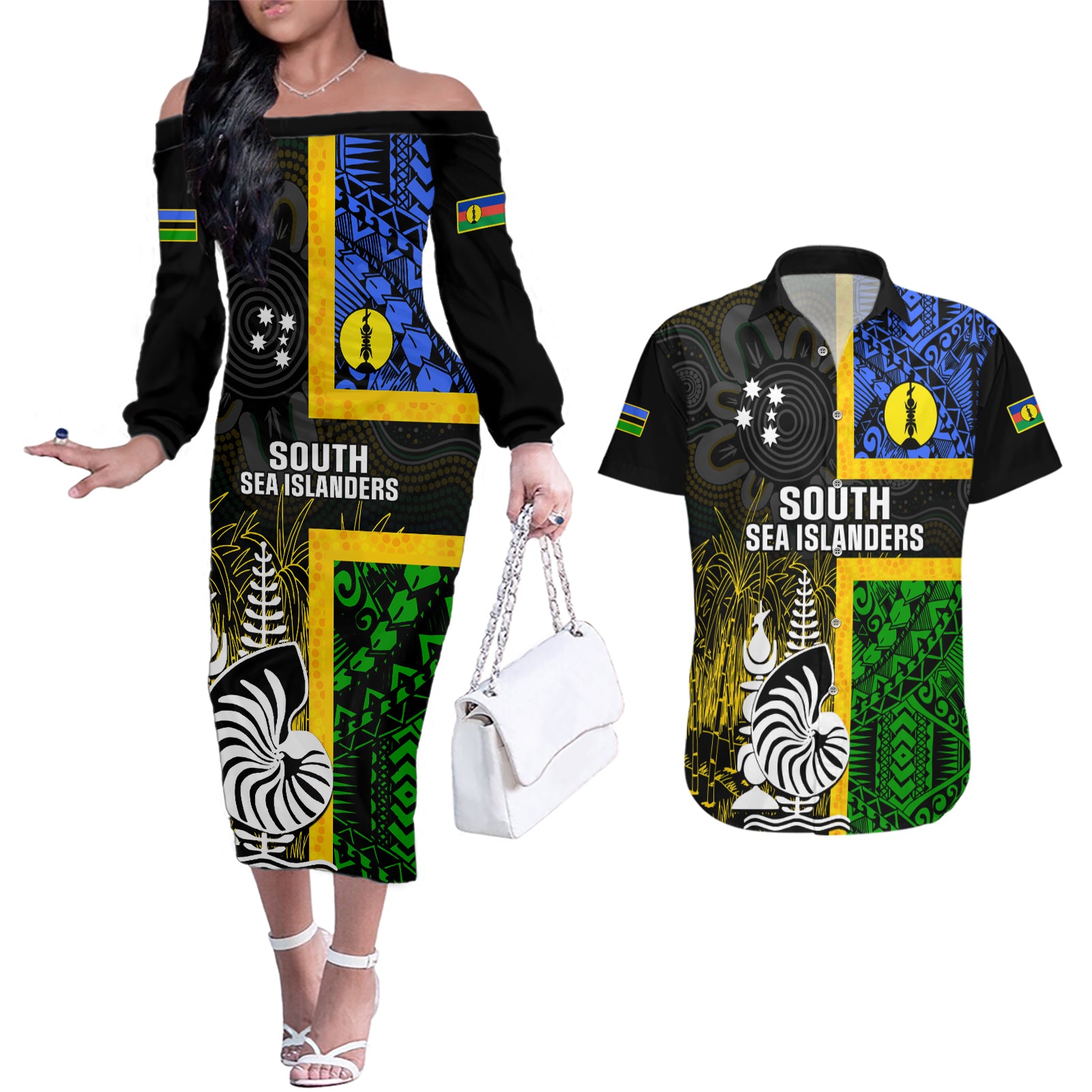 Personalised South Sea Islanders Couples Matching Off The Shoulder Long Sleeve Dress and Hawaiian Shirt Kanakas With New Caledonia Coat Of Arms LT14 Black - Polynesian Pride