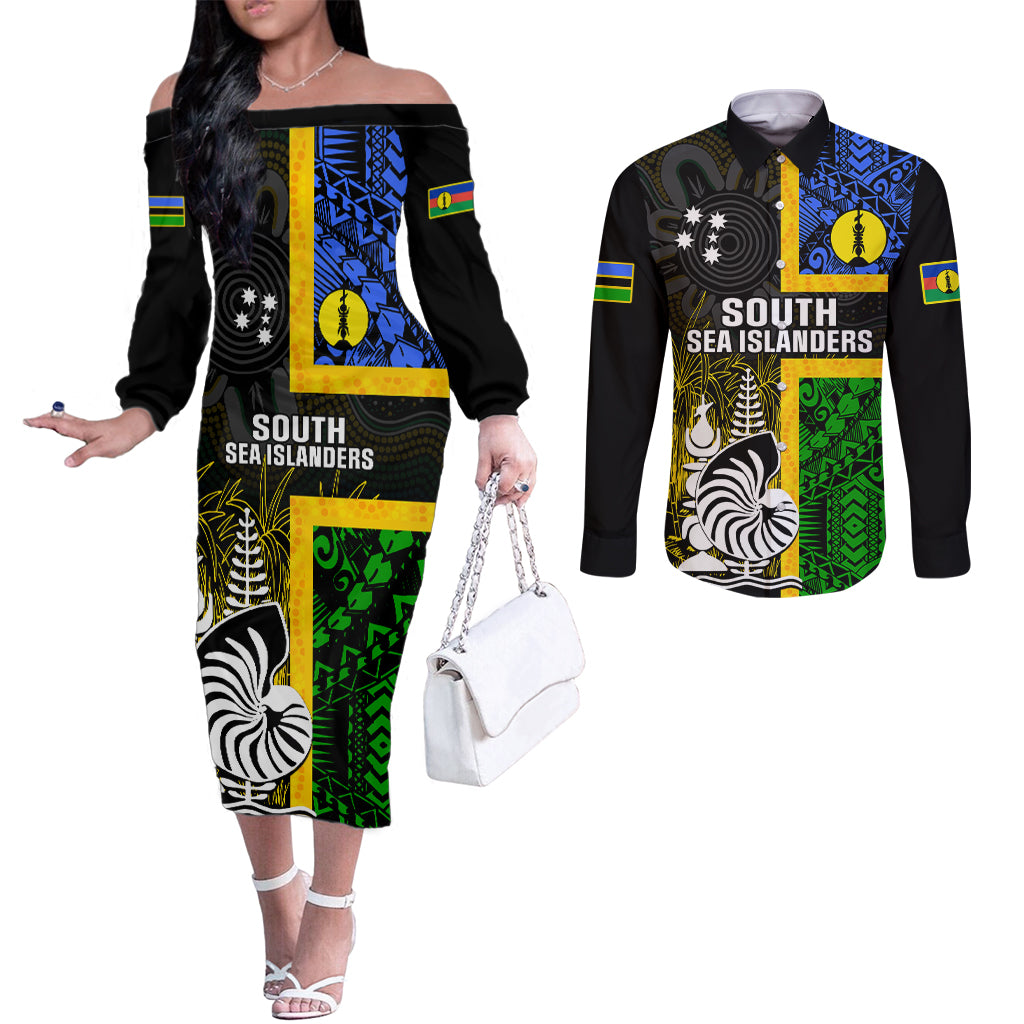 Personalised South Sea Islanders Couples Matching Off The Shoulder Long Sleeve Dress and Long Sleeve Button Shirts Kanakas With New Caledonia Coat Of Arms LT14 Black - Polynesian Pride