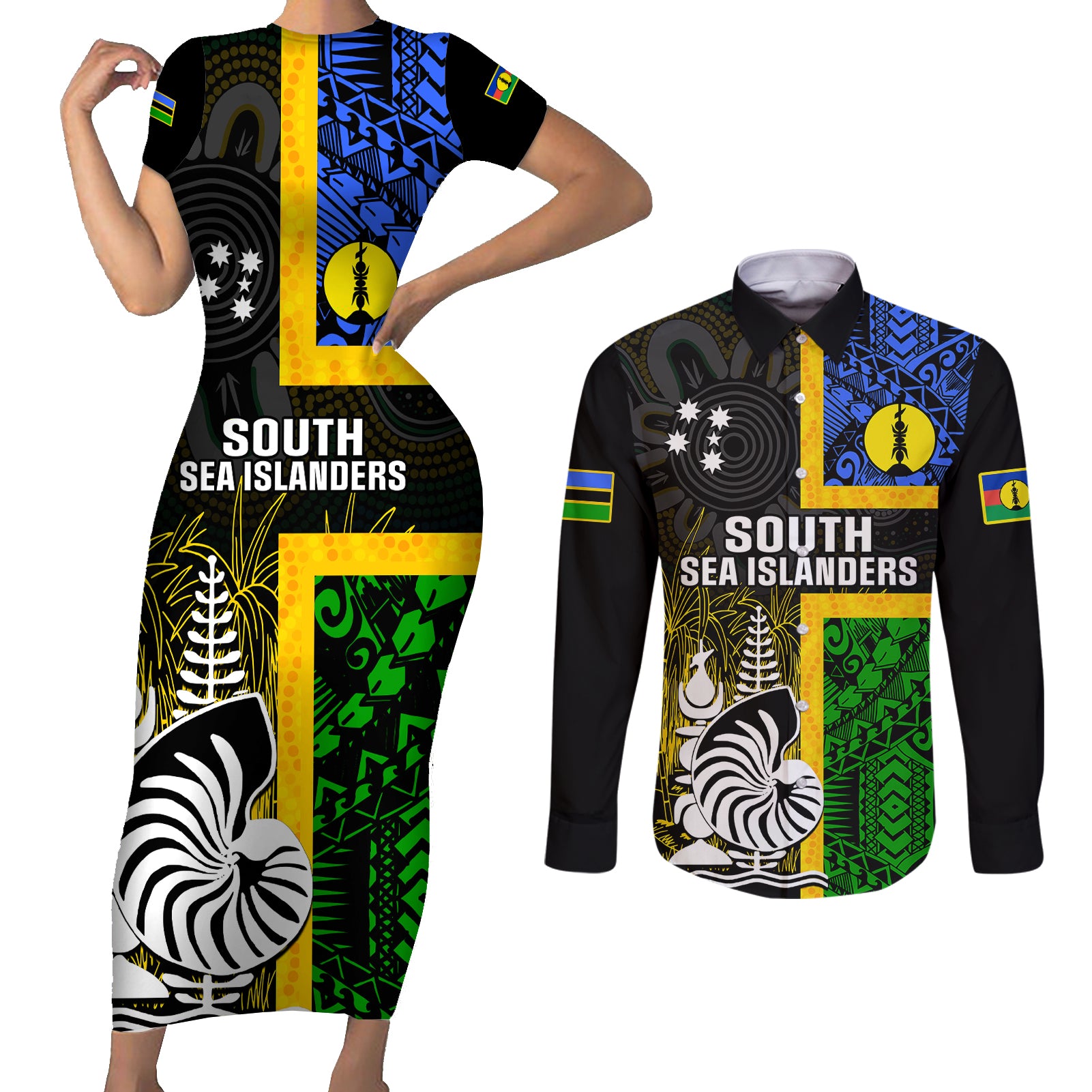 Personalised South Sea Islanders Couples Matching Short Sleeve Bodycon Dress and Long Sleeve Button Shirts Kanakas With New Caledonia Coat Of Arms LT14 Black - Polynesian Pride