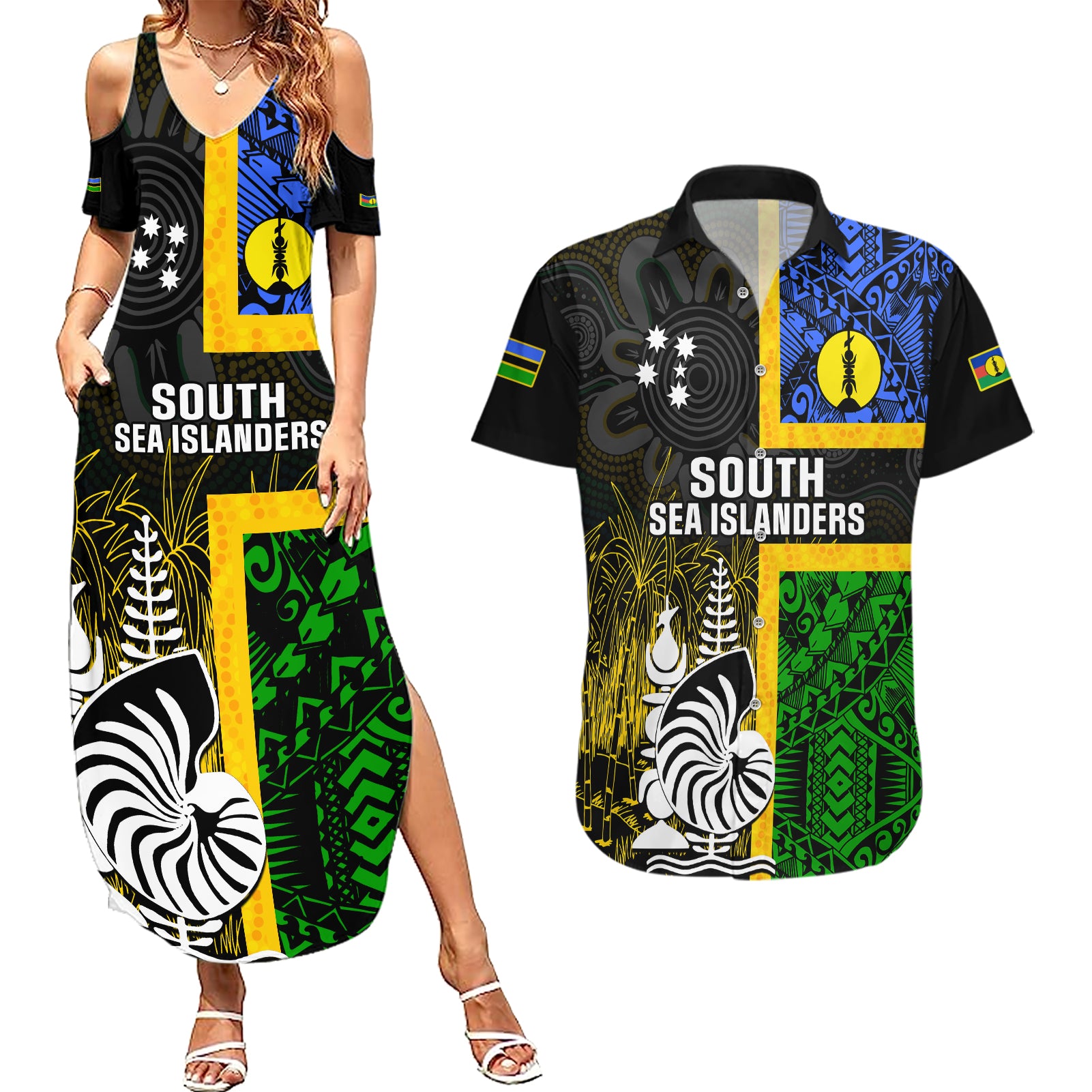 Personalised South Sea Islanders Couples Matching Summer Maxi Dress and Hawaiian Shirt Kanakas With New Caledonia Coat Of Arms LT14 Black - Polynesian Pride