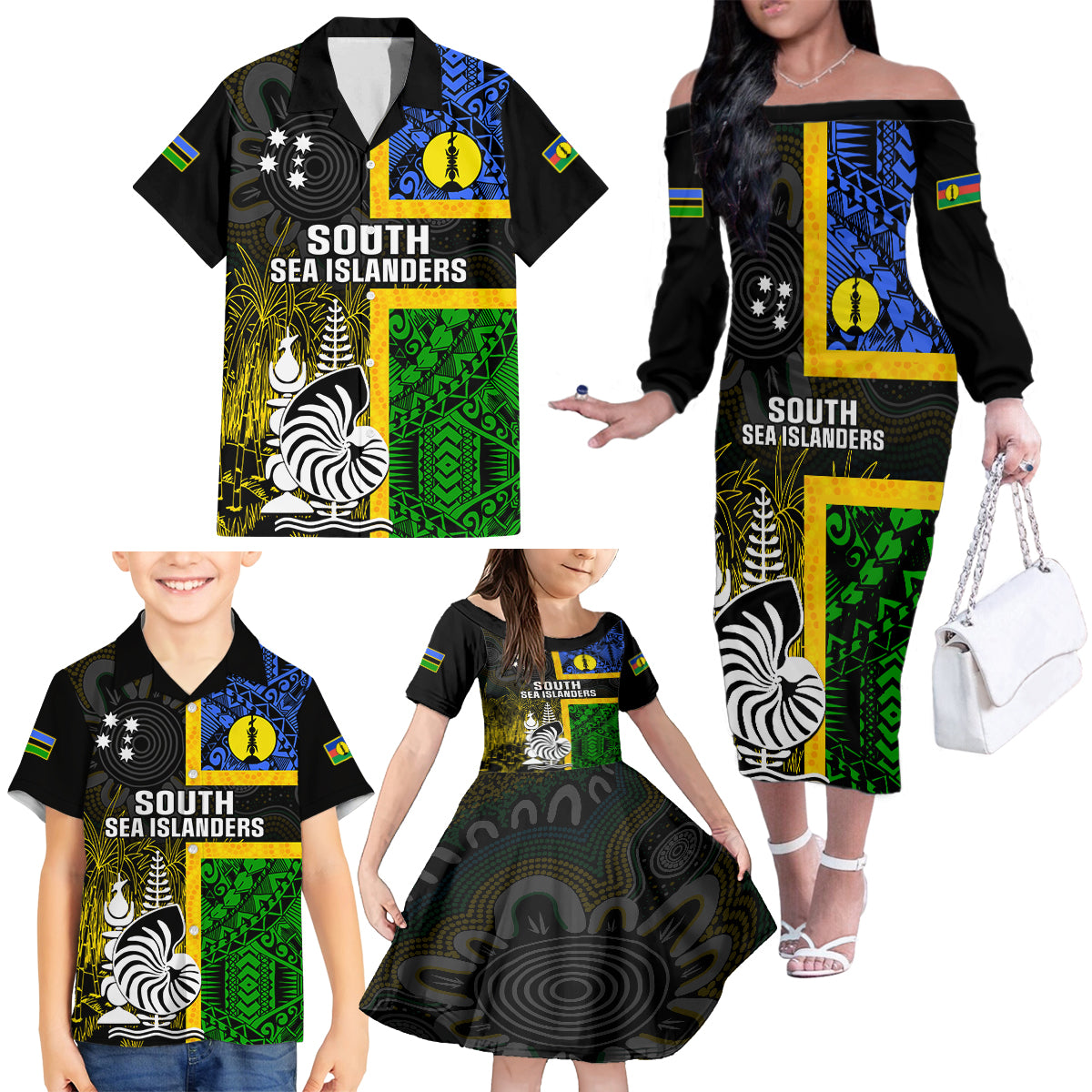 Personalised South Sea Islanders Family Matching Off Shoulder Long Sleeve Dress and Hawaiian Shirt Kanakas With New Caledonia Coat Of Arms LT14 - Polynesian Pride