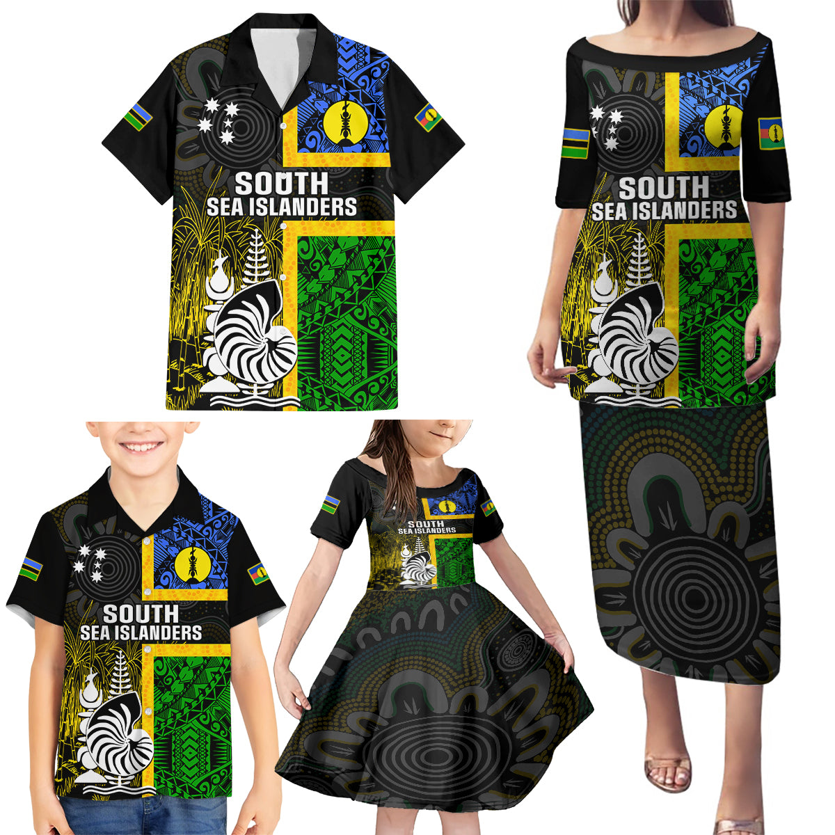 Personalised South Sea Islanders Family Matching Puletasi Dress and Hawaiian Shirt Kanakas With New Caledonia Coat Of Arms LT14 - Polynesian Pride