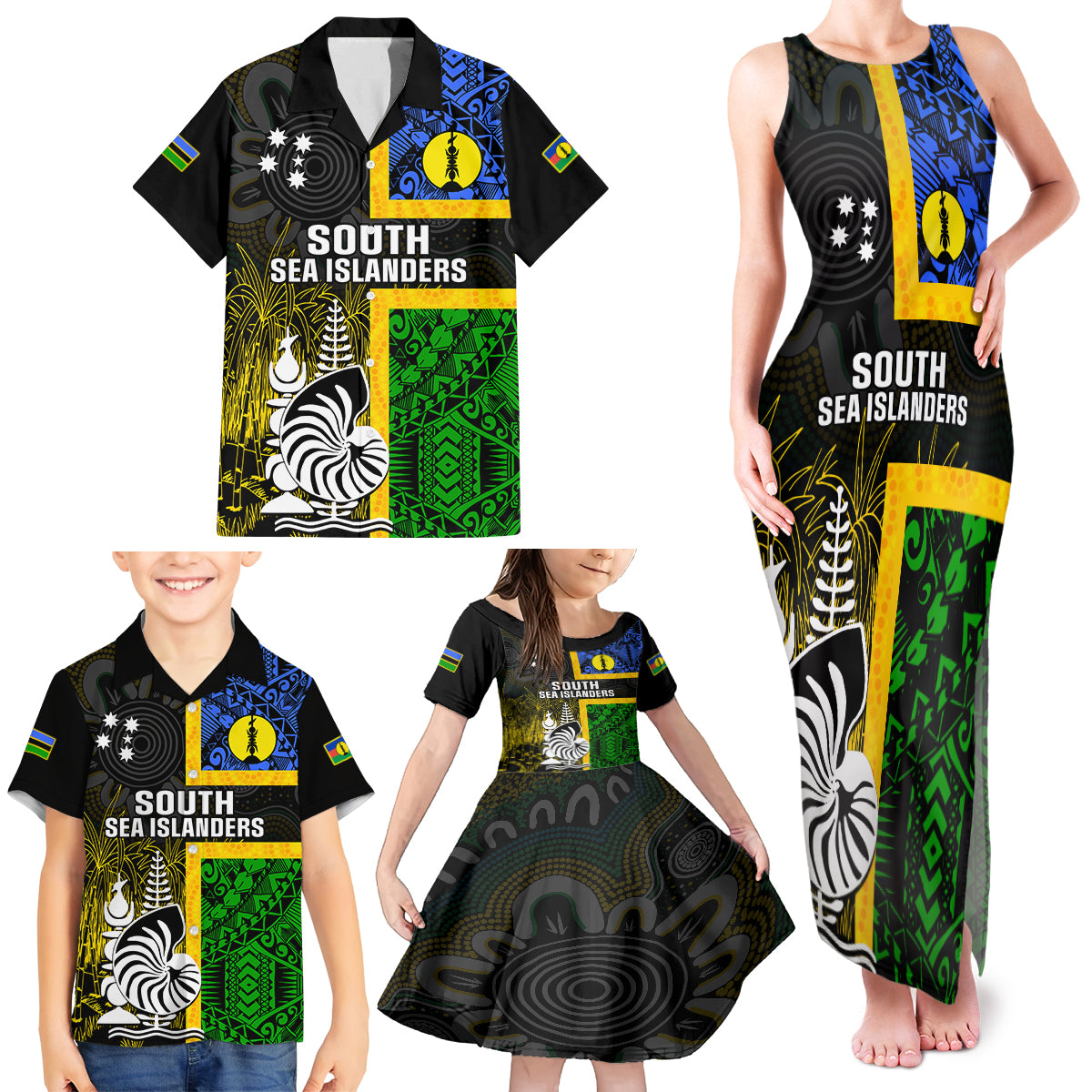 Personalised South Sea Islanders Family Matching Tank Maxi Dress and Hawaiian Shirt Kanakas With New Caledonia Coat Of Arms LT14 - Polynesian Pride