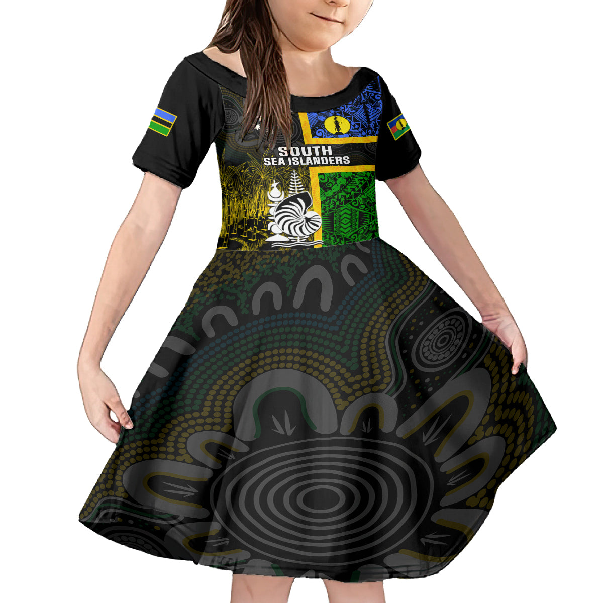 Personalised South Sea Islanders Kid Short Sleeve Dress Kanakas With New Caledonia Coat Of Arms LT14 KID Black - Polynesian Pride