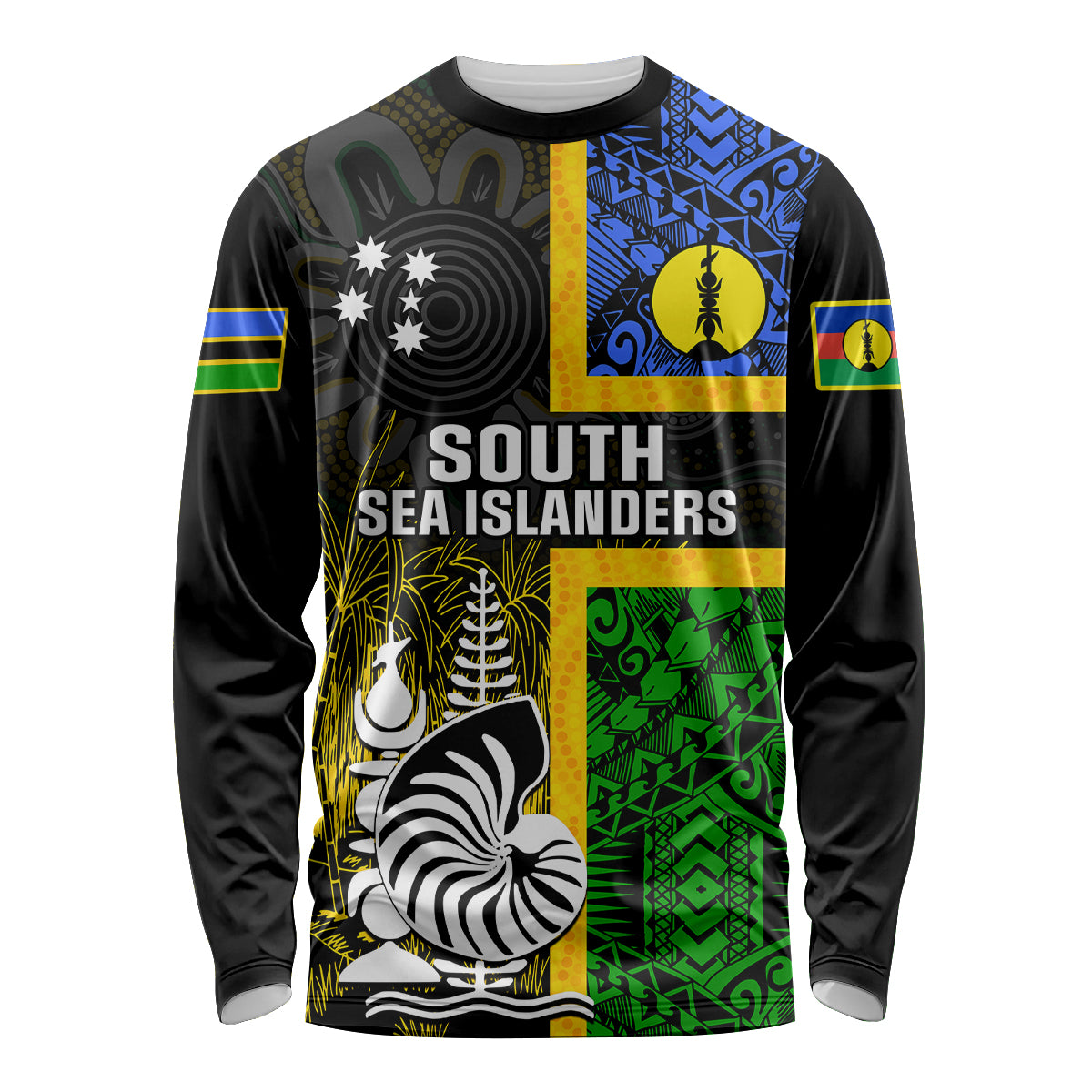 Personalised South Sea Islanders Long Sleeve Shirt Kanakas With New Caledonia Coat Of Arms LT14 Unisex Black - Polynesian Pride