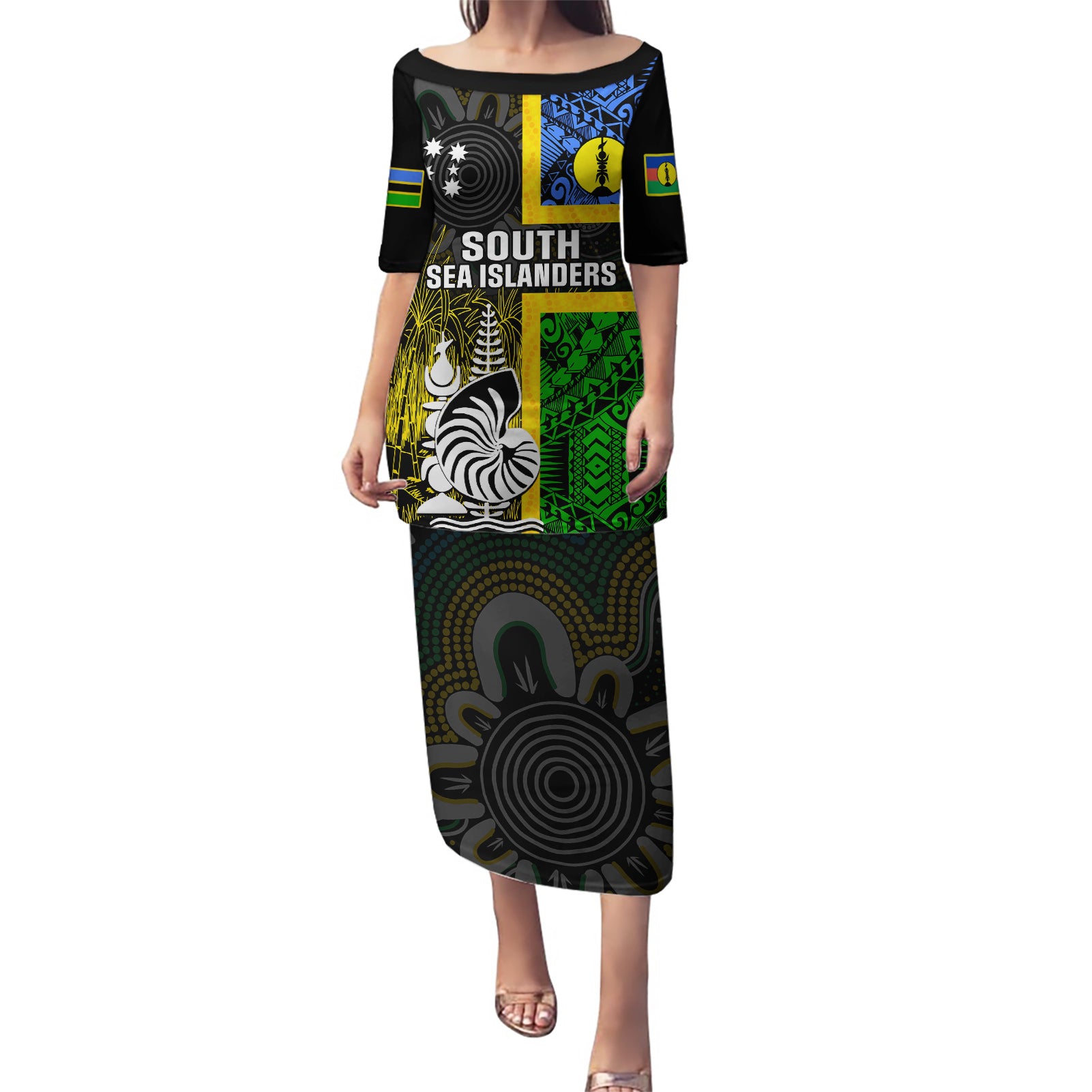 Personalised South Sea Islanders Puletasi Kanakas With New Caledonia Coat Of Arms LT14 Long Dress Black - Polynesian Pride