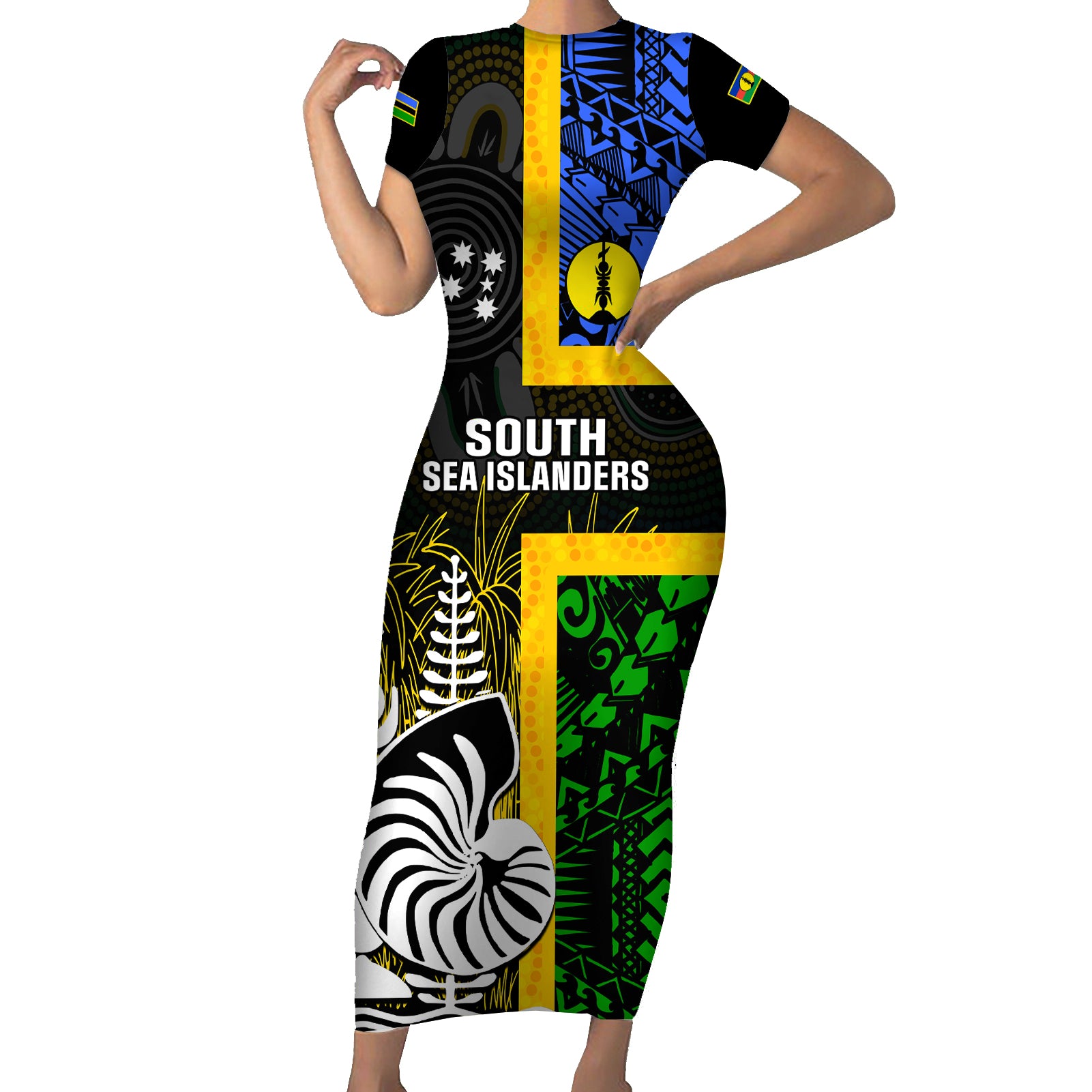 Personalised South Sea Islanders Short Sleeve Bodycon Dress Kanakas With New Caledonia Coat Of Arms LT14 Long Dress Black - Polynesian Pride