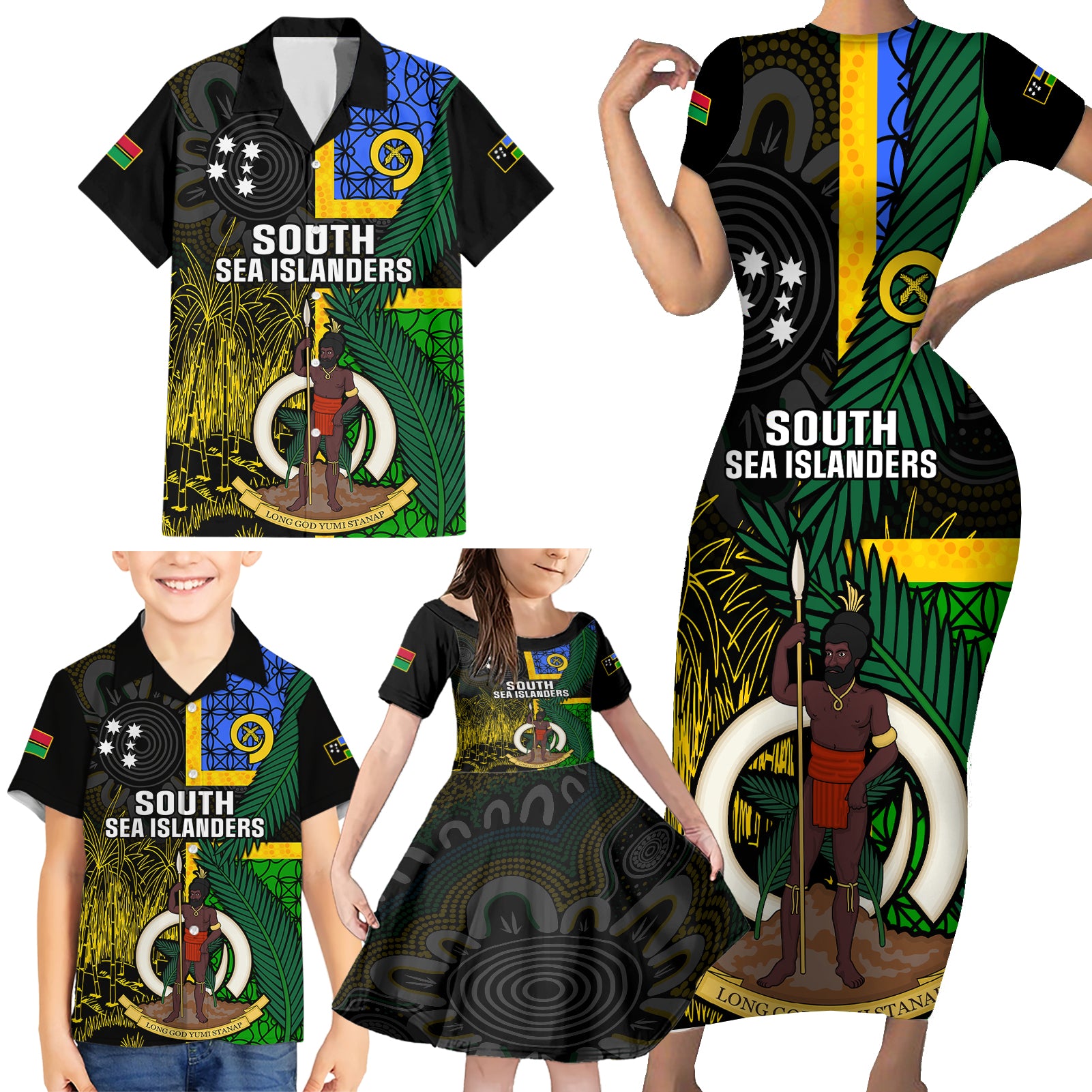 Personalised South Sea Islanders Family Matching Short Sleeve Bodycon Dress and Hawaiian Shirt Kanakas With Vanuatu Coat Of Arms LT14 - Polynesian Pride