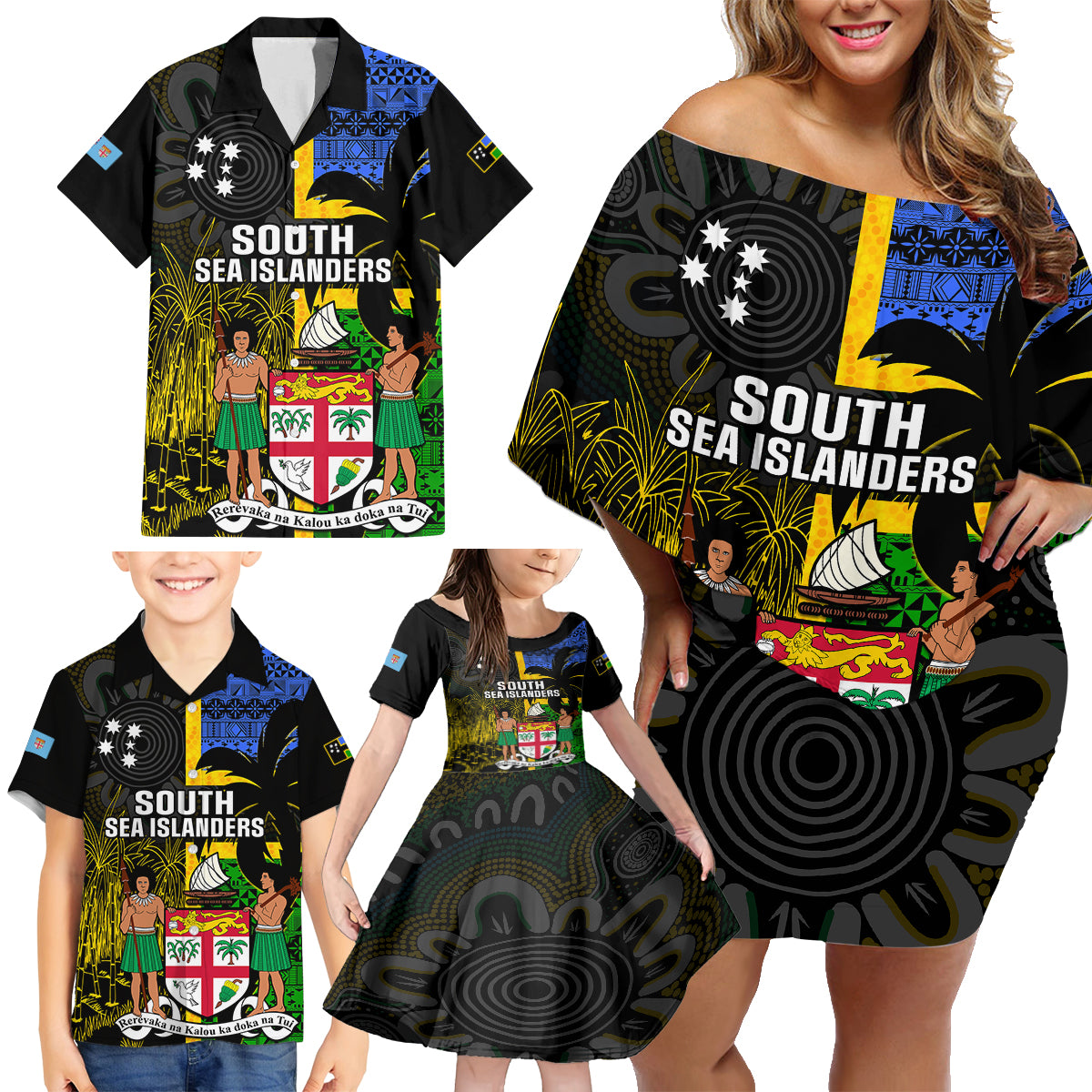 Personalised South Sea Islanders Family Matching Off Shoulder Short Dress and Hawaiian Shirt Kanakas With Fiji Coat Of Arms LT14 - Polynesian Pride