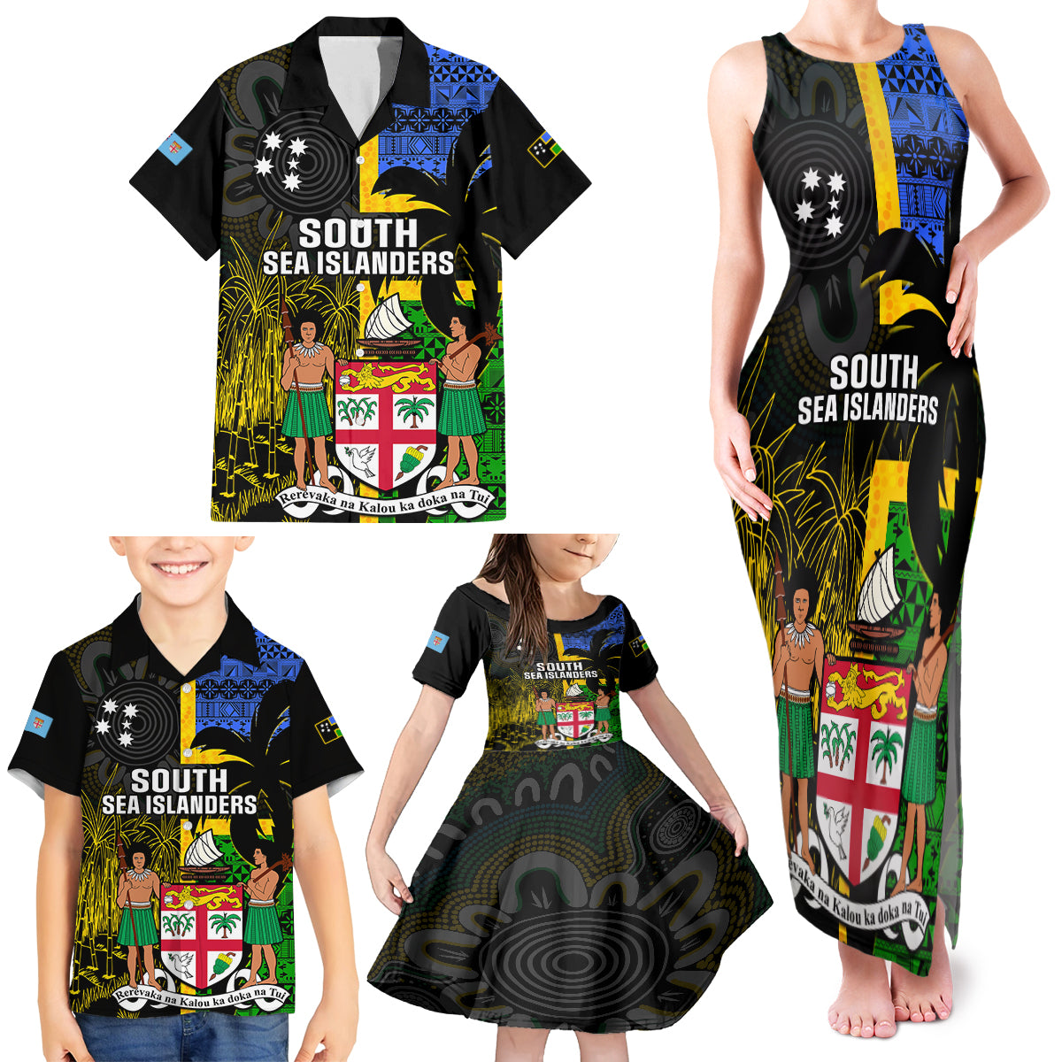 Personalised South Sea Islanders Family Matching Tank Maxi Dress and Hawaiian Shirt Kanakas With Fiji Coat Of Arms LT14 - Polynesian Pride