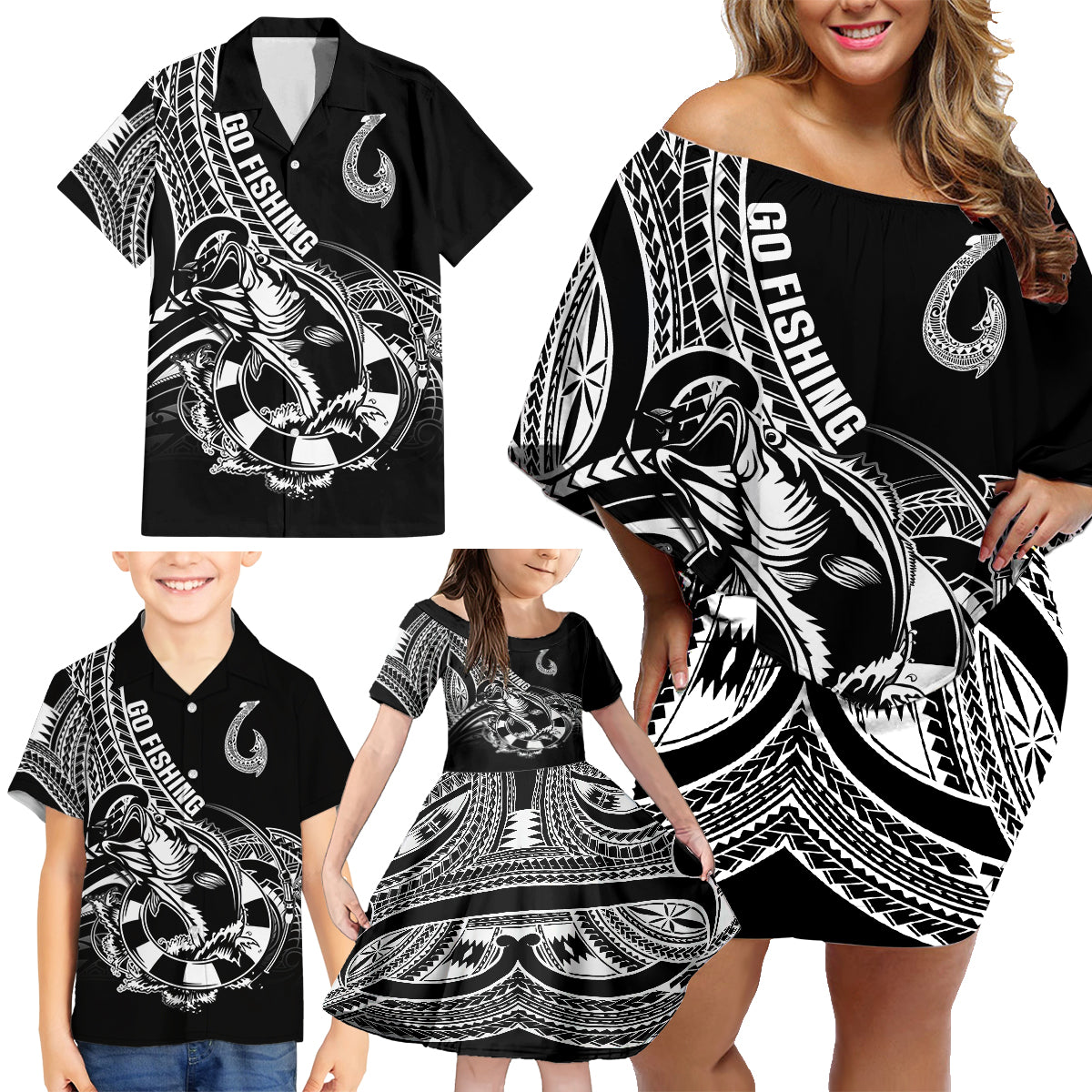 Personalised Polynesia Family Matching Off Shoulder Short Dress and Hawaiian Shirt Fish Hook Tattoo Go Fishing Polynesian Pattern Black LT14 - Polynesian Pride