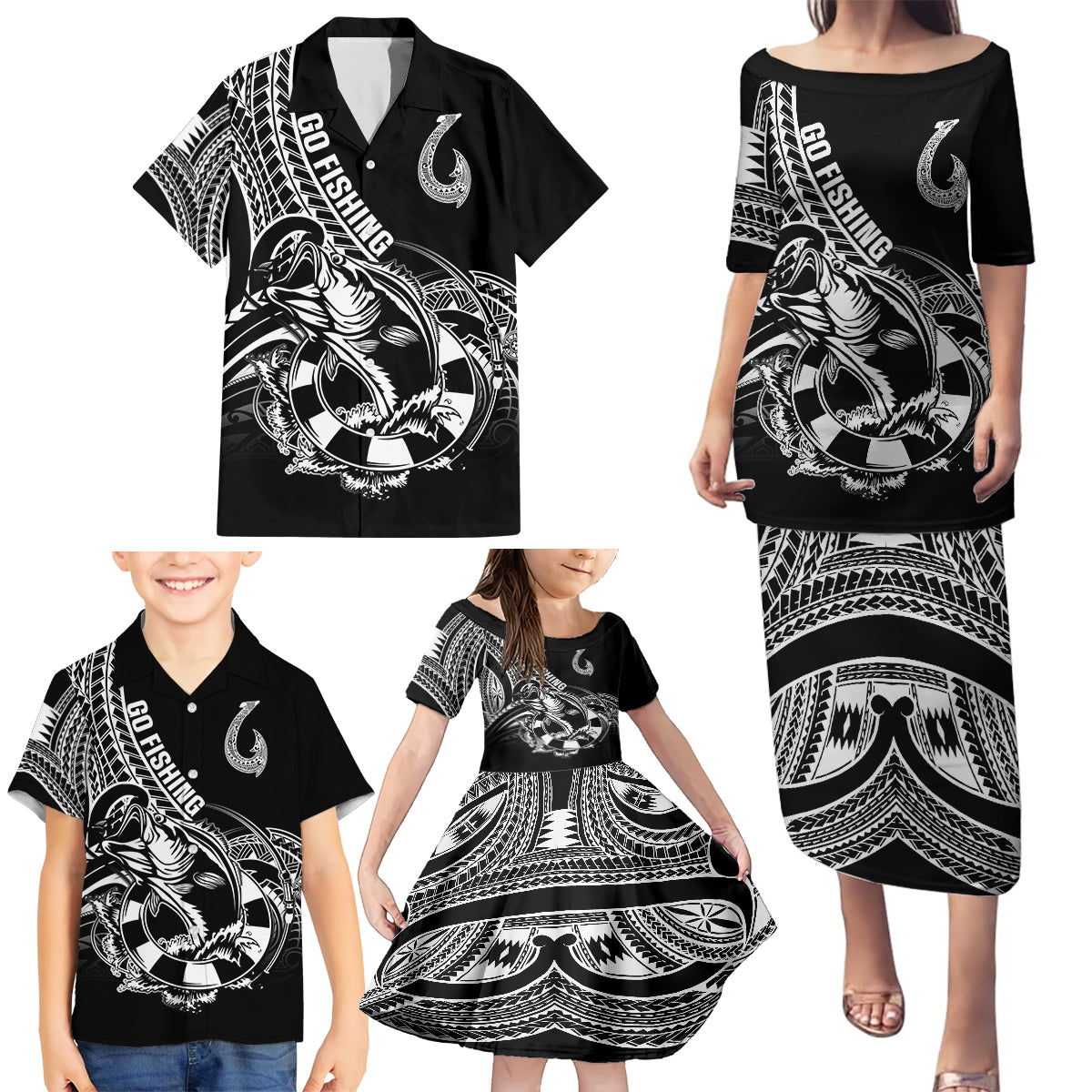 Personalised Polynesia Family Matching Puletasi Dress and Hawaiian Shirt Fish Hook Tattoo Go Fishing Polynesian Pattern Black LT14 - Polynesian Pride