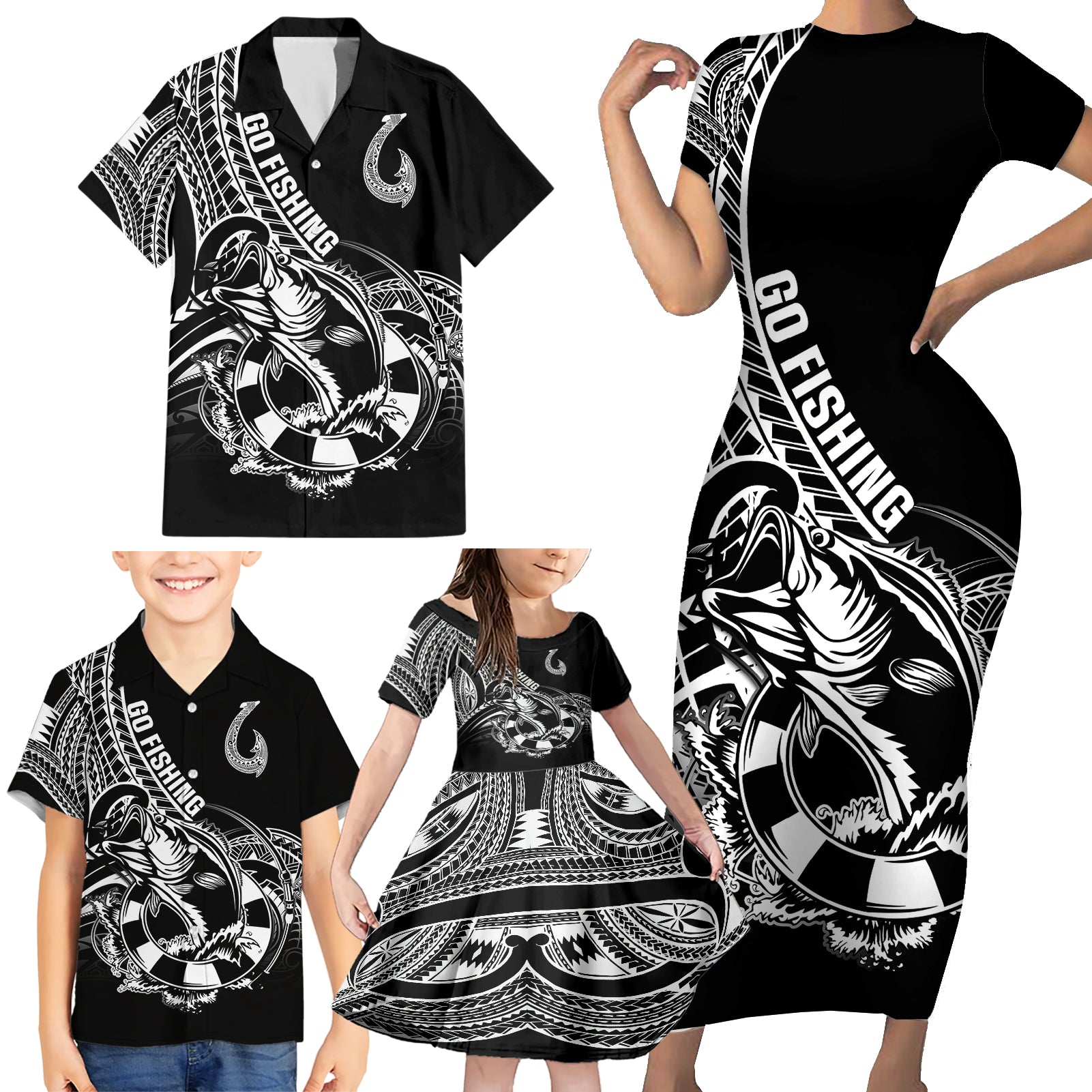 Personalised Polynesia Family Matching Short Sleeve Bodycon Dress and Hawaiian Shirt Fish Hook Tattoo Go Fishing Polynesian Pattern Black LT14 - Polynesian Pride